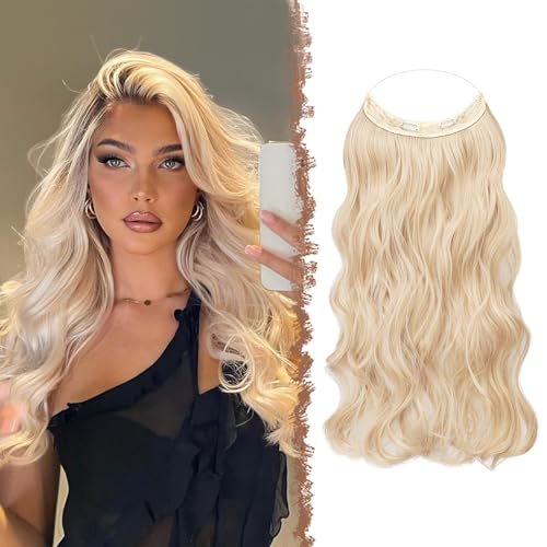 FESHFEN Invisible Hair Extensions Secrets Haarverlängerungen mit Draht Honigblond Gemischt Platinblond Synthetisch Verstellbar Lockiges Haar Langes Gewelltes Geheimes Haarteil für Frauen 45cm von FESHFEN