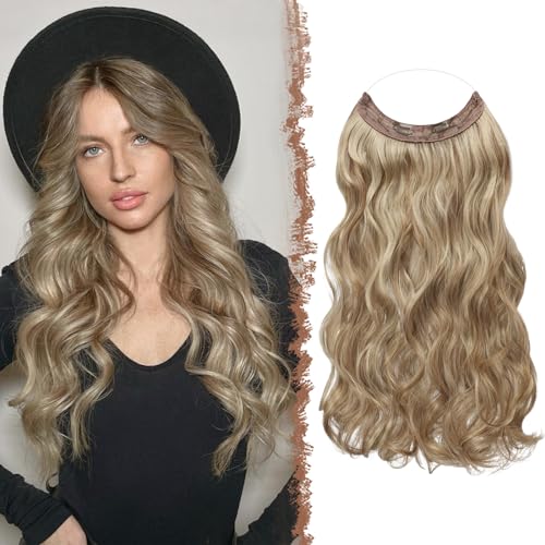 FESHFEN Invisible Hair Extensions Secrets Haarverlängerungen mit Draht Karamellbraun gemischt mit Aschblond Synthetisch Verstellbar Lockiges Haar Langes Gewelltes Geheimes Haarteil für Frauen 45cm von FESHFEN