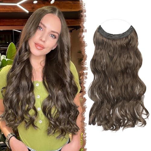 FESHFEN Invisible Hair Extensions Secrets Haarverlängerungen mit Draht Kastanie Braun Synthetisch Verstellbar Lockiges Haar Langes Gewelltes Geheimes Haarteil für Frauen 45cm von FESHFEN