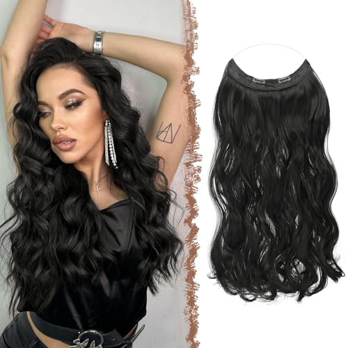 FESHFEN Invisible Hair Extensions Secrets Haarverlängerungen mit Draht Schwarz Synthetisch Verstellbar Lockiges Haar Langes Gewelltes Geheimes Haarteil für Frauen 50cm von FESHFEN