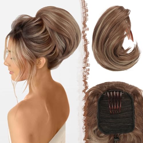 FESHFEN Haarteil Dutt mit Comb Kurz Haarteil Pferdeschwanz Haardutt Chignon Synthetik Haarteile Kunsthaar Dutt Extensions mit Comb Kordelzug für Damen, Braun Mix Blond von FESHFEN