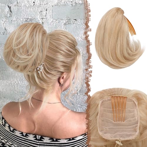 FESHFEN Haarteil Dutt mit Comb Kurz Haarteil Pferdeschwanz Haardutt Chignon Synthetik Haarteile Kunsthaar Dutt Extensions mit Comb Kordelzug für Damen, Dunkelgoldene Mischung Beigeblond von FESHFEN