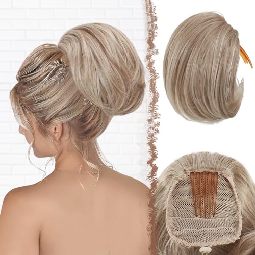 FESHFEN Haarteil Dutt mit Comb Kurz Haarteil Pferdeschwanz Haardutt Chignon Synthetik Haarteile Kunsthaar Dutt Extensions mit Comb Kordelzug für Damen, Honigblond Gemischt Platinblond von FESHFEN