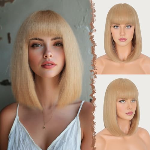 FESHFEN Kurze Bob Blond Perücken mit Pony für Damen Frauen Mittellange Synthetik Perücken Gerade Haar Perücken für Karneval 35 cm von FESHFEN