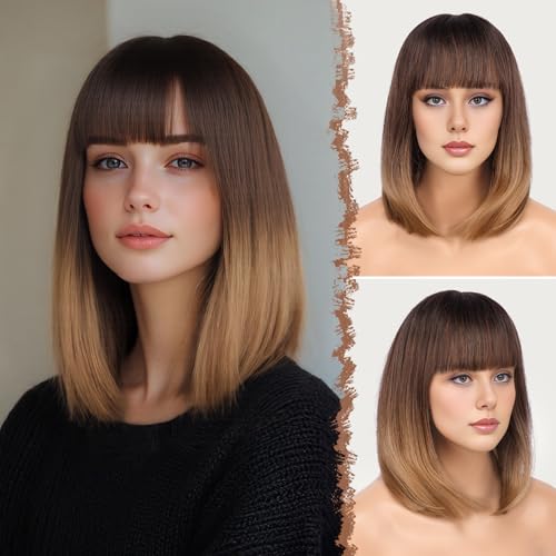 FESHFEN Kurze Bob Perücken mit Pony für Damen Mittellange Synthetik Perücken Gerade Haar Perücken für Frauen 35 cm Schwarzen Ansatz bis Zum Braunen Blond von FESHFEN
