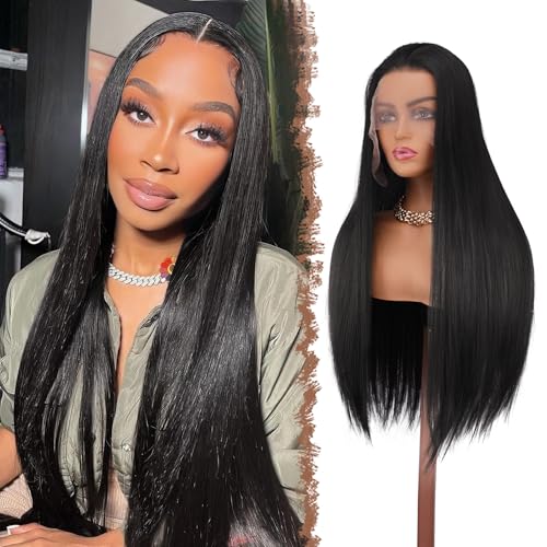 FESHFEN Lace Front Perücke Schwarz - Lange Glatt Perücken für Damen Natürliche Synthetik Haar Wigs Gerade Spitzenfront Haarperücke für Tägliche Karneval, 75 cm von FESHFEN