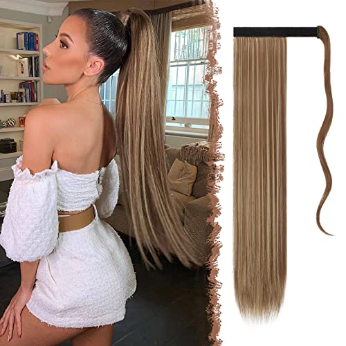 FESHFEN Lang Glattes Pferdeschwanz Haarteil Synthetik Haarverlängerung Braun & Blond Zopf Haar Extension für Damen Mädchen, 70 cm von FESHFEN
