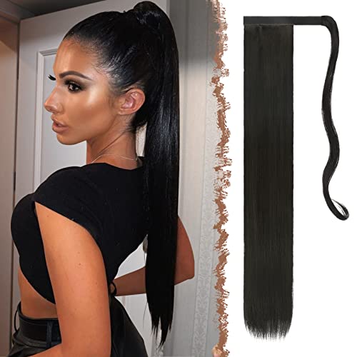 FESHFEN Lang Glattes Pferdeschwanz Haarteil Synthetik Haarverlängerung Schwarz Zopf Haar Extension für Damen Mädchen, 70 cm von FESHFEN