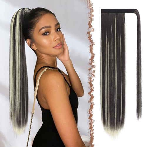 FESHFEN Lang Glattes Pferdeschwanz Haarteil Synthetik Haarverlängerung Zopf Haar Extension für Damen Mädchen, Dunkelbraun Mix Bleichblond 60 cm von FESHFEN
