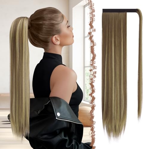 FESHFEN Lang Glattes Pferdeschwanz Haarteil Synthetik Haarverlängerung Zopf Haar Extension für Damen Mädchen, Hellbraun & Blond 70 cm von FESHFEN