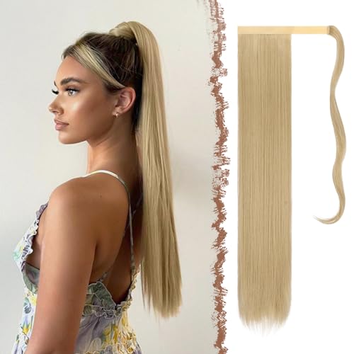FESHFEN Lang Glattes Pferdeschwanz Haarteil Synthetik Haarverlängerung Zopf Haar Extension Glatt Lang Pferdeschwanz für Damen Mädchen, Hellblond 60 cm von FESHFEN