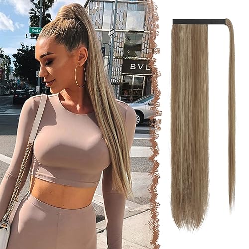 FESHFEN Lang Glattes Pferdeschwanz Haarteil Synthetik Haarverlängerung Zopf Haar Extension Glatt Lang Pferdeschwanz für Damen Mädchen, Karamellbraun Gemischt Aschblond 60 cm von FESHFEN