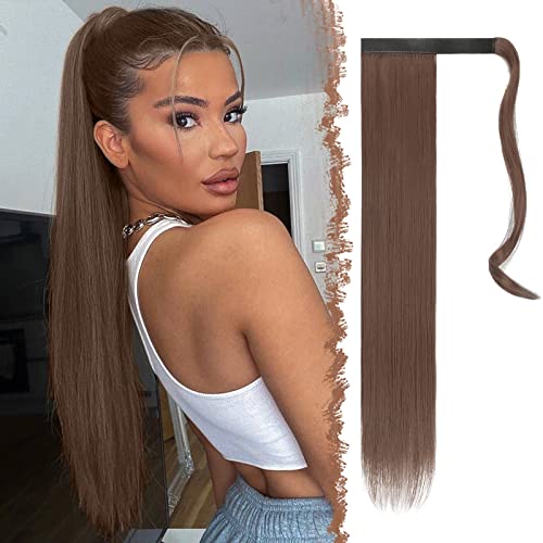 FESHFEN Lang Glattes Pferdeschwanz Haarteil Synthetik Haarverlängerung Zopf Haar Extension Glatt Lang Pferdeschwanz für Damen Mädchen, Mittel Kastanienbraun 60 cm von FESHFEN