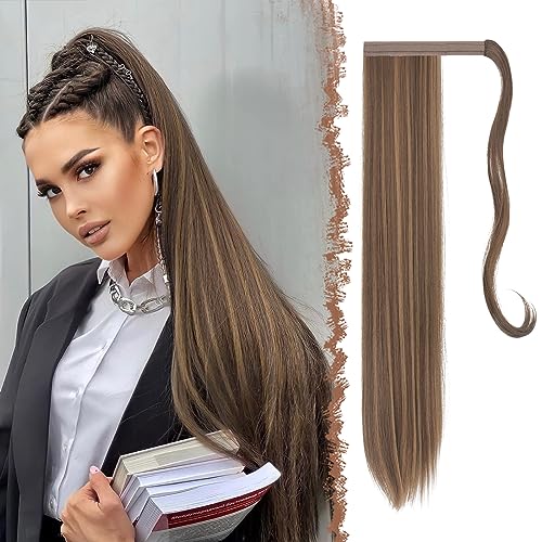 FESHFEN Lang Glattes Pferdeschwanz Haarteil Synthetik Haarverlängerung Zopf Haar Extension für Damen Mädchen, Goldbraun Gemischtes Blond 60 cm von FESHFEN