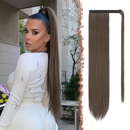 FESHFEN Lang Glattes Pferdeschwanz Haarteil Synthetik Haarverlängerung Zopf Haar Extension für Damen Mädchen, Hellbraun 60 cm von FESHFEN