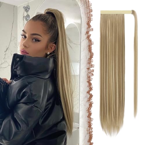 FESHFEN Lang Glattes Pferdeschwanz Haarteil Synthetik Haarverlängerung Zopf Haar Extension für Damen Mädchen, Hellbraun & Blond 60 cm von FESHFEN