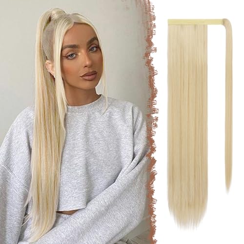 FESHFEN Lang Glattes Pferdeschwanz Haarteil Synthetik Haarverlängerung Zopf Haar Extension für Damen Mädchen, Honigblond Gemischt Platinblond 60 cm von FESHFEN