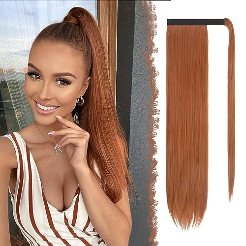 FESHFEN Lang Glattes Pferdeschwanz Haarteil Synthetik Haarverlängerung Zopf Haar Extension für Damen Mädchen, Kupferrot 60 cm von FESHFEN