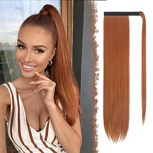 FESHFEN Lang Glattes Pferdeschwanz Haarteil Synthetik Haarverlängerung Zopf Haar Extension für Damen Mädchen, Kupferrot 70 cm von FESHFEN