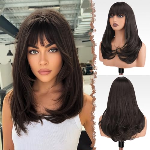 FESHFEN Lang Perücken mit Pony, Damen Braun Perücke Synthetik Geschichtete Haar Natürlicher Look Kunsthaar Haarperücke Tägliche Party Cosplay Karneval für Frauen 45 cm von FESHFEN