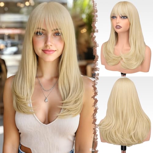 FESHFEN Lang Perücken mit Pony, Damen Hellblond Perücke Synthetik Geschichtete Haar Natürlicher Look Kunsthaar Haarperücke Tägliche Party Cosplay Karneval für Frauen 45 cm FESHFEN Lang Perücken mit Pony, Damen Hellblond Perücke Synthetik Geschichtete Haar Natürlicher Look Kunsthaar Haarperücke Tägliche Party Cosplay Karneval für Frauen 45 cm von FESHFEN