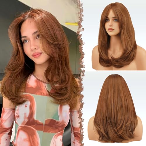 FESHFEN Lang Perücken mit Pony, Damen Perücken Auburn Synthetik Haar Natürlicher Look Kunsthaar Haarperücke für Frauen für Tägliche Party Cosplay 45 cm von FESHFEN