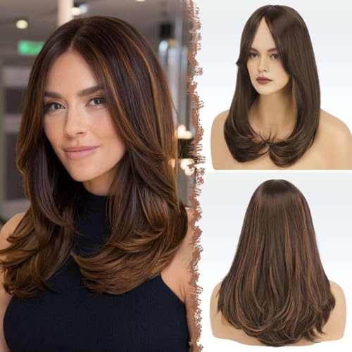 FESHFEN Lang Perücken mit Pony, Damen Perücken Braun Gemischt Braun Synthetik Haar Natürlicher Look Kunsthaar Haarperücke für Frauen für Tägliche Party Cosplay 45 cm FESHFEN Lang Perücken mit Pony, Damen Perücken Braun Gemischt Braun Synthetik Haar Natürlicher Look Kunsthaar Haarperücke für Frauen für Tägliche Party Cosplay 45 cm von FESHFEN