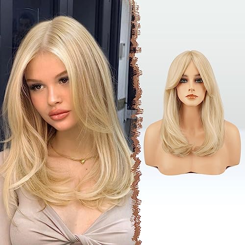 FESHFEN Lang Perücken mit Pony, Damen Perücken Hellblond Haar Natürlicher Look Synthetik Haarperücke für Frauen 45 cm von FESHFEN