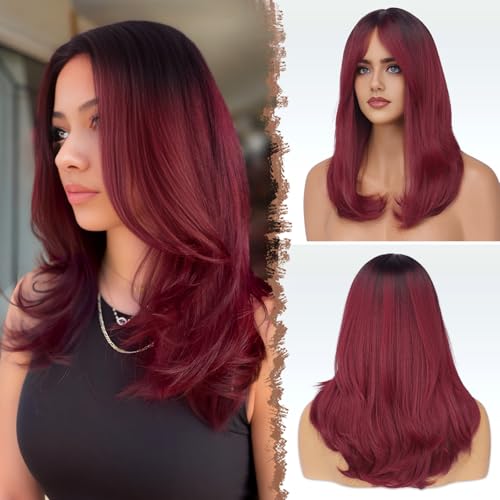 FESHFEN Lang Perücken mit Pony, Damen Perücken Ombre Weinrot Synthetik Haar Natürlicher Look Kunsthaar Haarperücke für Frauen für Tägliche Party Cosplay 45 cm von FESHFEN