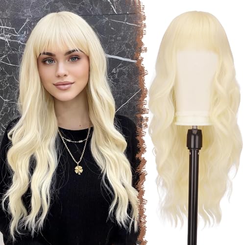 FESHFEN Lange Blond Perücke mit Pony für Frauen Natürliche Synthetik Gewellt Lockig Wellig Haare Hitzebeständig Damen Perücken für Tägliche Party Cosplay Karneval, 65 CM von FESHFEN