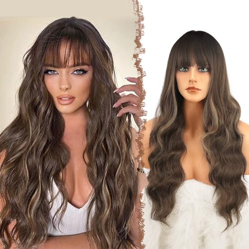 FESHFEN Lange Gewellt Perücke mit Pony, Dunkelbraunes Mischblond Lange Lockige Perücken mit Pony, Party Cosplay Wigs French Bangs Wigs Natürlich Synthetik Perücken für Frauen Damen, 65 cm von FESHFEN