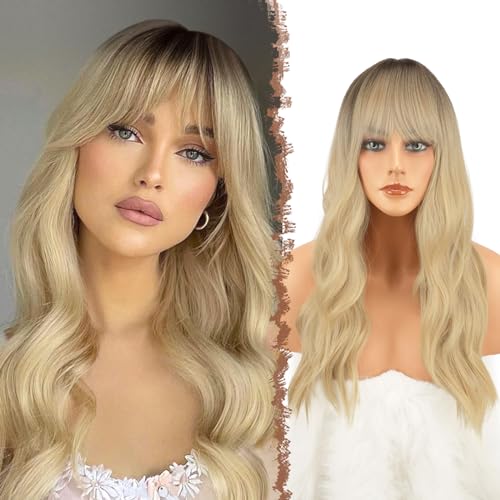 FESHFEN Lange Gewellt Perücke mit Pony, Ombre Goldblonde Lange Lockige Perücken mit Pony, Locken Haar Wigs Party Cosplay Wigs, French Bangs Wigs Natürlich Synthetik Perücken für Frauen Damen, 55 cm von FESHFEN