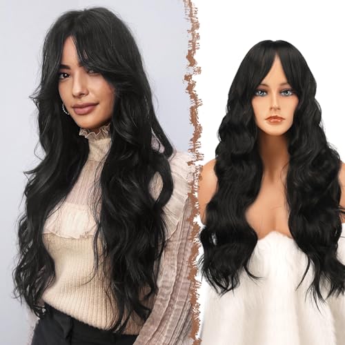 FESHFEN Lange Gewellt Perücke mit Pony, Schwarz Lange Lockige Perücken mit Pony, Locken Haar Wigs Party Cosplay Wigs, Long Bangs Wigs Natürlich Synthetik Perücken für Frauen Damen, 65 cm von FESHFEN