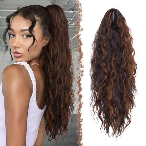 FESHFEN Pferdeschwanz mit Klammer, Lange Wellig Lockig Haarextension Synthetik Zopf Haarverlängerung Claw Clip in Haarteil Ponytail für Damen 65cm Dunkelbraun und HellRotbraun von FESHFEN