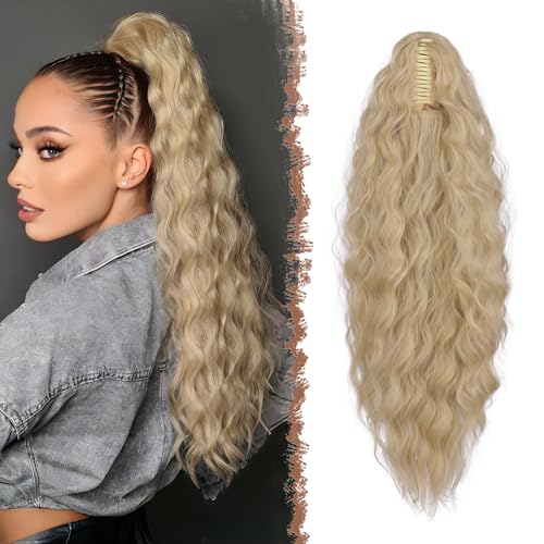 FESHFEN Pferdeschwanz mit Klammer, Lange Wellig Lockig Haarextension Synthetik Zopf Haarverlängerung Claw Clip in Haarteil Ponytail für Damen 65cm Aschblond von FESHFEN