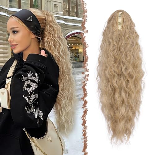 FESHFEN Pferdeschwanz mit Klammer, Lange Wellig Lockig Haarextension Synthetik Zopf Haarverlängerung Claw Clip in Haarteil Ponytail für Damen 65cm Blond und Aschblond Gemischt von FESHFEN