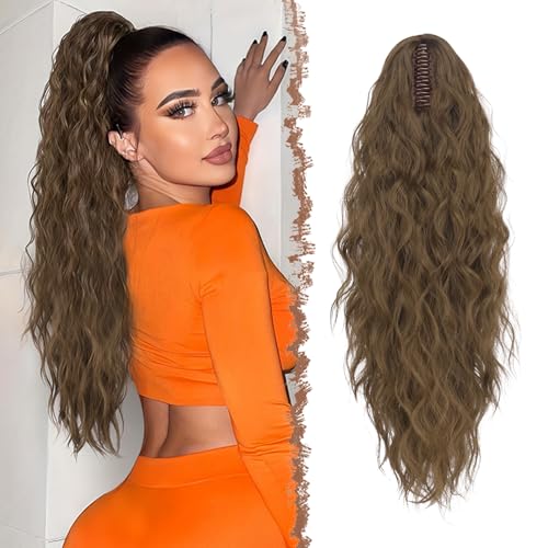 FESHFEN Pferdeschwanz mit Klammer, Lange Wellig Lockig Haarextension Synthetik Zopf Haarverlängerung Claw Clip in Haarteil Ponytail für Damen 65cm Moosbraun von FESHFEN