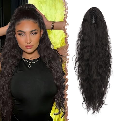 FESHFEN Pferdeschwanz mit Klammer, Lange Wellig Lockig Haarextension Synthetik Zopf Haarverlängerung Claw Clip in Haarteil Ponytail für Damen 65cm Natürliches Schwarz von FESHFEN
