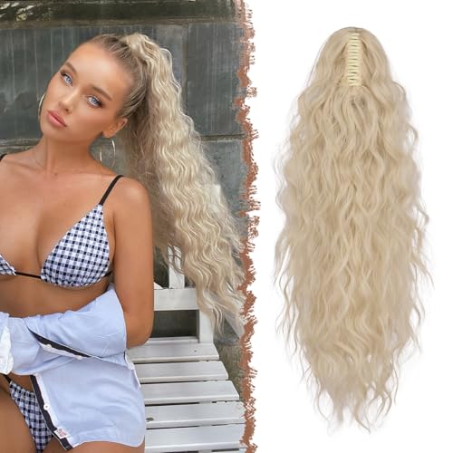 FESHFEN Pferdeschwanz mit Klammer, Lange Wellig Lockig Haarextension Synthetik Zopf Haarverlängerung Claw Clip in Haarteil Ponytail für Damen 65cm Platinblond von FESHFEN