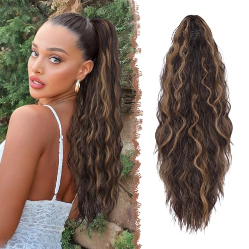 FESHFEN Pferdeschwanz mit Klammer, Lange Wellig Lockig Haarextension Synthetik Zopf Haarverlängerung Claw Clip in Haarteil Ponytail für Damen 65cm Dunkelbraun und Blond von FESHFEN