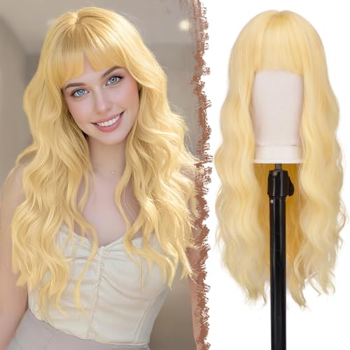 FESHFEN Lange Honigblond Perücke mit Pony für Frauen Natürliche Synthetik Gewellt Lockig Wellig Haare Hitzebeständig Damen Perücken für Tägliche Party Cosplay Karneval, 65 CM von FESHFEN