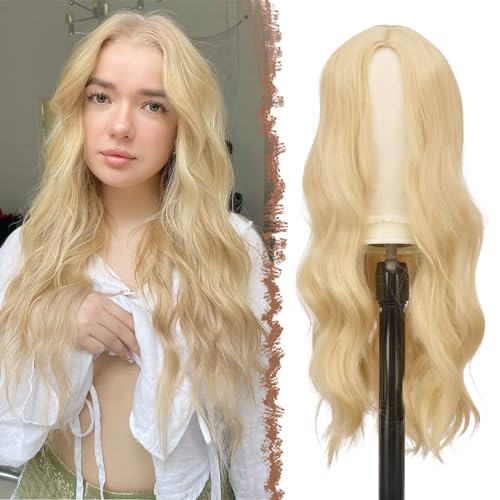 FESHFEN Lange Lockige Blond Perücke, 55 cm Mittelscheitel Frauen Perücken Natürlich synthetische Perücken Damen Locken Wavy Wig für Party Täglich Long Wavy Wig von FESHFEN