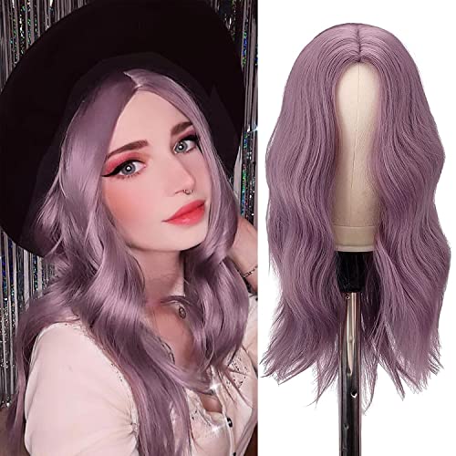 FESHFEN Lange Lockige Lila Perücke, 55 cm Mittelscheitel Frauen Perücken Natürlich synthetische Perücken Damen Locken Wavy Wig Party für Party Täglich von FESHFEN