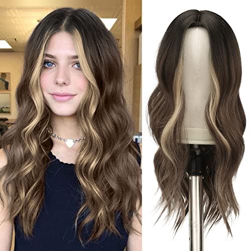 FESHFEN Lange Lockige Perücke, 55 cm Braun-Mischblond Perücke Mittelscheitel Frauen Perücken Natürlich Synthetik Perücken Damen Locken Wavy Wig Party für Party Täglich von FESHFEN