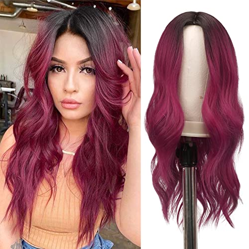 FESHFEN Lange Lockige Perücke, 55 cm Schwarz bis Burgungy Perücke Mittelscheitel Frauen Perücken Natürlich Synthetik Perücken Damen Locken Wavy Wig für Party Täglich von FESHFEN