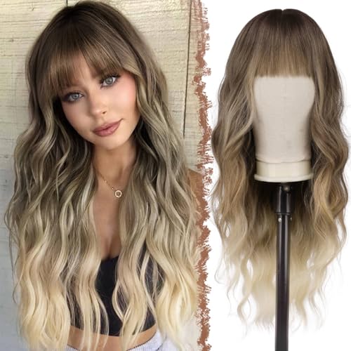 FESHFEN Lange Ombre Perücke mit Pony für Frauen Natürliche Synthetik Gewellt Lockig Wellig Haare Hitzebeständig Damen Perücken für Tägliche Party Cosplay Karneval, Ombre Blond Mix Braun 65 CM von FESHFEN