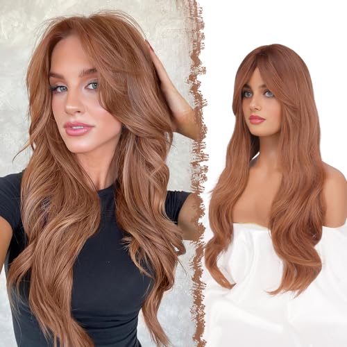 FESHFEN Lange Perücken mit Pony, Geschichtete Perücke für Damen Frauen Natürliche Synthetik haare Perucken für Tägliche Party Cosplay, 65 cm Dunkel Orange von FESHFEN