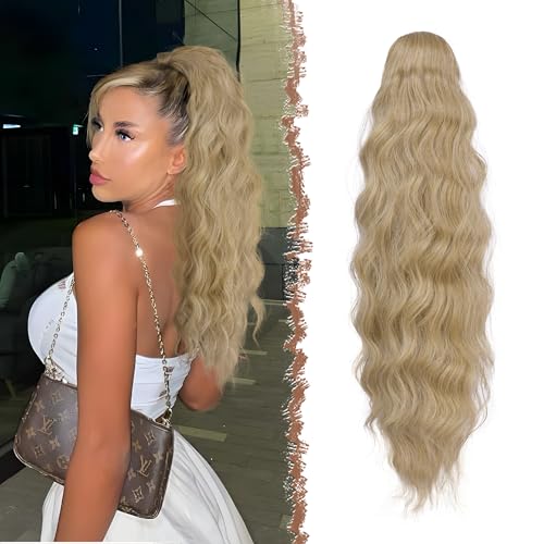 FESHFEN Lange Pferdeschwanz Haarteil Extensions, Lockig Wellig Haarextension Zopf mit Kamm Synthetik Haarverlängerung Ponytail für Frauen, 60 cm Blond & Aschblond Gemischt von FESHFEN