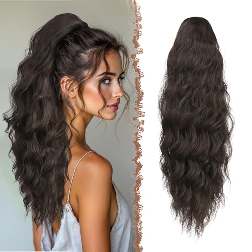 FESHFEN Lange Pferdeschwanz Haarteil Extensions Braun, Lockig Wellig Haarextension Zopf mit Kamm Synthetik Haarverlängerung Ponytail für Frauen, 60 cm Dunkelbraun von FESHFEN