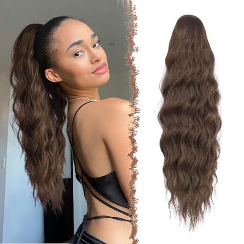 FESHFEN Lange Pferdeschwanz Haarteil Extensions Braun, Lockig Wellig Haarextension Zopf mit Kamm Synthetik Haarverlängerung Ponytail für Frauen, 60 cm Gemischtes Braun von FESHFEN